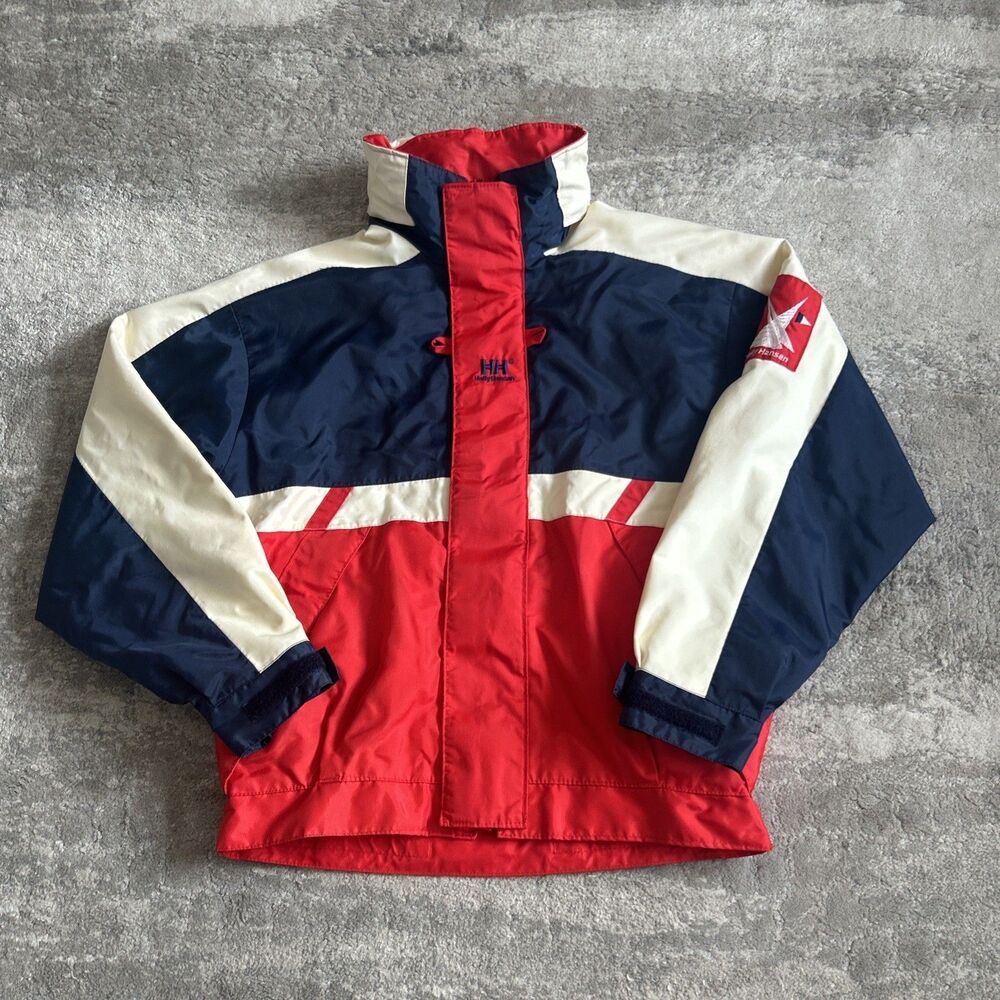 Helly Hansen Sailing Ski Jacket Men Small 46-48 Chest Hidden Hood Red White Blue